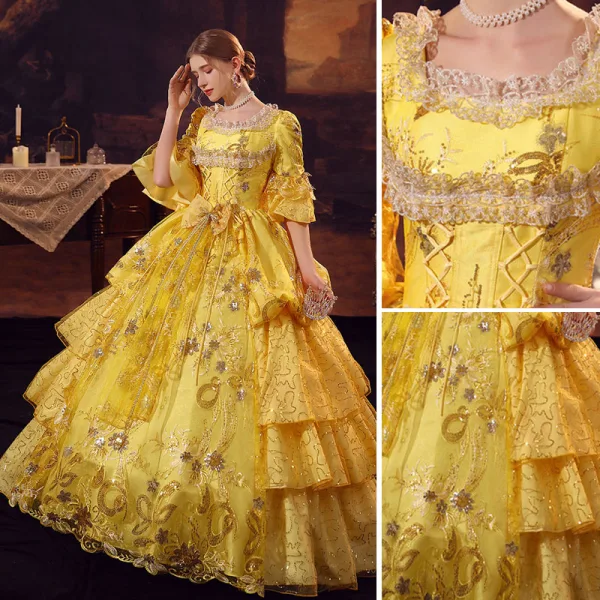 Vintage / Retro Medieval Yellow Prom Dresses 2022 Ball Gown Scoop Neck Beading Sequins Cascading Ruffles Bell sleeves Backless Floor-Length / Long Formal Dresses