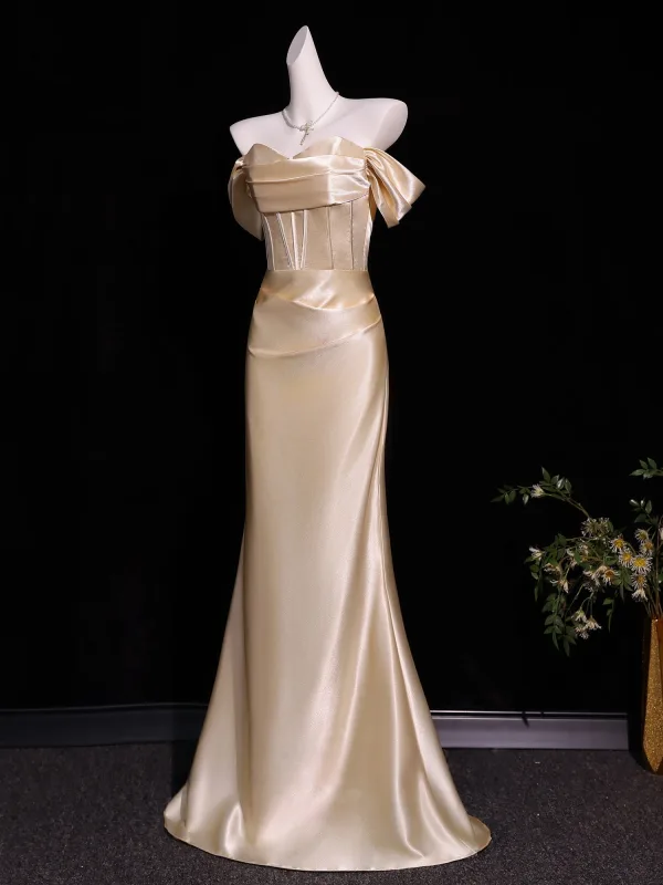 Sexy Champagne Trumpet / Mermaid Evening Dresses 2026 Off-The-Shoulder Sleeveless Backless Floor-Length / Long Formal Dresses