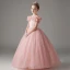 Chic / Beautiful Blushing Pink Sequins Flower Girl Dresses 2023 Ball Gown Off-The-Shoulder Short Sleeve Floor-Length / Long Prom