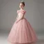 Chic / Beautiful Blushing Pink Lace Butterfly Sequins Birthday Flower Girl Dresses 2024 Ball Gown Scoop Neck Short Sleeve Floor-Length / Long Tulle