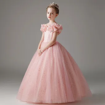Chic Beautiful Blushing Pink Lace Butterfly Sequins Birthday Flower Girl Dresses 2024 Ball Gown Scoop Neck Short Sleeve Floor Length Long Tulle