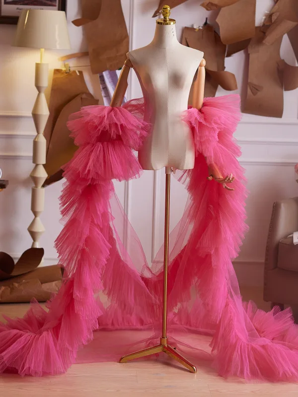 Mode Fushia Volants en Cascade Fait main Soirée Manches Courtes châle 2025 Tulle