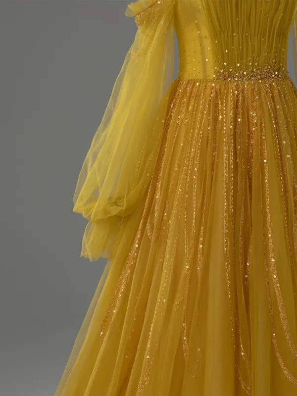 Vintage / Retro Yellow Beading Sequins Prom Dresses 2026 A-Line / Princess Off-The-Shoulder Long Sleeve Backless Floor-Length / Long Formal Dresses