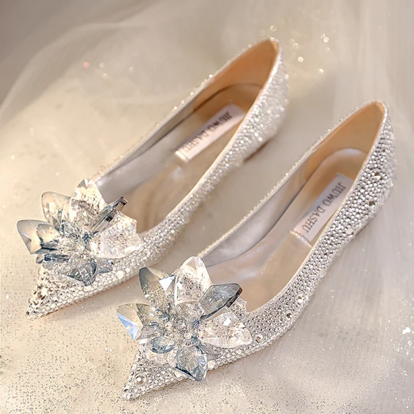 Uroczy Złote Kryształ Rhinestone Płaskie Buty Ślubne 2023 Skórzany Szpiczaste Buty Ślubne