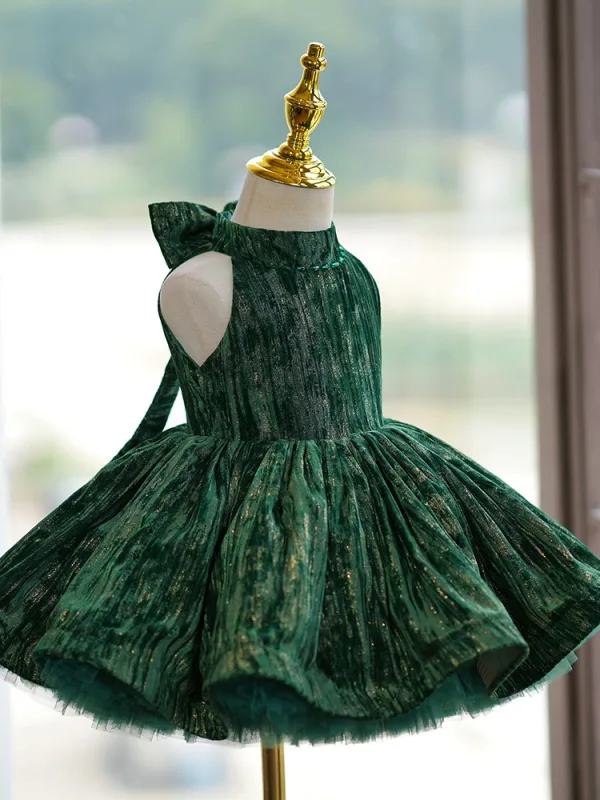 Chic / Belle Vert Anniversaire Noeud Glitter Courte Robe Ceremonie Fille 2024 Robe Boule Col Haut Sans Manches