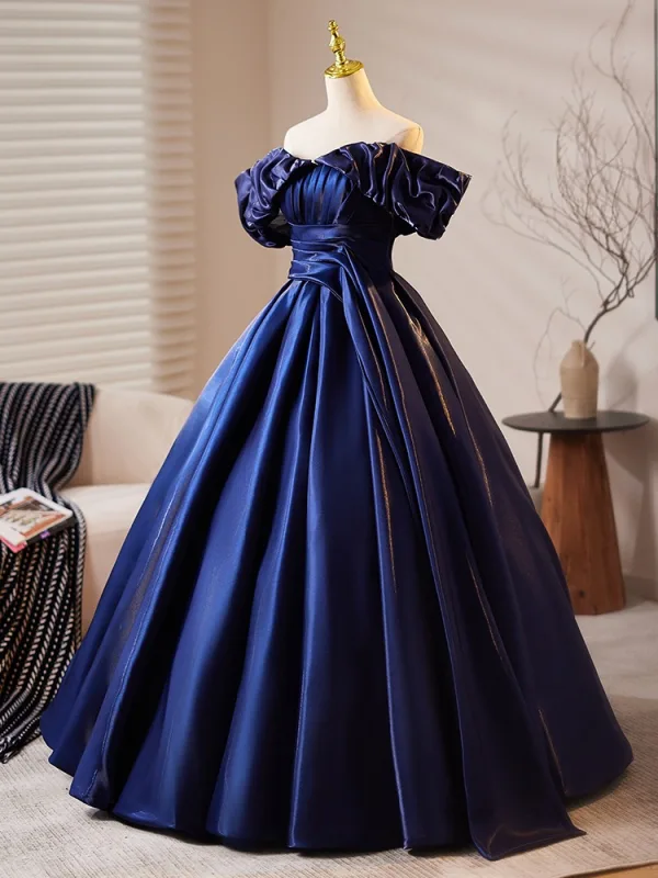 Vintage / Retro Navy Blue Satin Prom Dresses 2025 Ball Gown Off-The-Shoulder Short Sleeve Backless Floor-Length / Long Prom Formal Dresses
