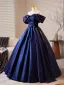 Vintage / Retro Navy Blue Satin Prom Dresses 2025 Ball Gown Off-The-Shoulder Short Sleeve Backless Floor-Length / Long Prom Formal Dresses