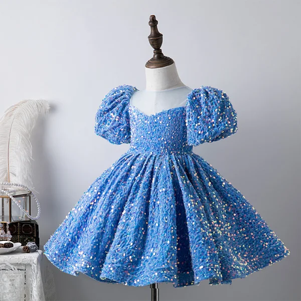 Sparkly Pool Blue Sequins Prom Flower Girl Dresses 2022 Ball Gown Scoop Neck Short Sleeve Short Flower Girl Dresses