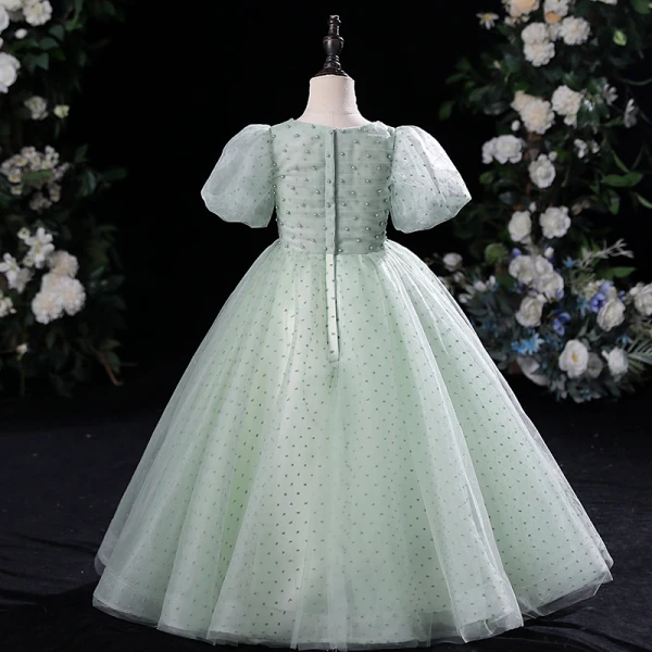 Modest / Simple Sage Green Pearl Birthday Flower Girl Dresses 2024 Ball Gown Square Neckline Short Sleeve Floor-Length / Long