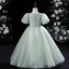 Modest / Simple Sage Green Pearl Birthday Flower Girl Dresses 2024 Ball Gown Square Neckline Short Sleeve Floor-Length / Long