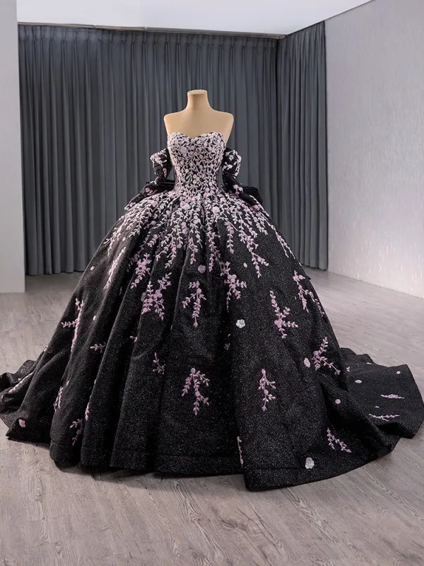 Vintage / Retro High-end Black Handmade  Beading Prom Dresses 2024 Ball Gown Off-The-Shoulder Short Sleeve Backless Bow Court Train Prom Formal Dresses