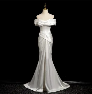 Chic Belle Blanche Fendue Devant Robe De Bal 2024 Trompette Sirène Bustier Sans Manches Dos Nu Train De Balayage Promo Robe De Ceremonie