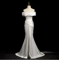 Sencillos Blanco Delante De Split Ligero Vestidos De Novia 2024 Trumpet / Mermaid Fuera Del Hombro Sin Mangas Sin Espalda Colas De Barrido Boda