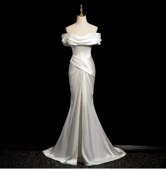 Modest Simple White Split Front Light Wedding Dresses 2024 Trumpet Mermaid Off The Shoulder Sleeveless Backless Sweep Train Wedding