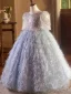 Charming Sky Blue Beading Sequins Tassel Birthday Flower Girl Dresses 2024 Ball Gown Scoop Neck Short Sleeve Backless Floor-Length / Long