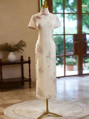 Chinese Style Beige Printing Floor Length Long Cheongsam 2024 Trumpet Mermaid High Neck Short Sleeve