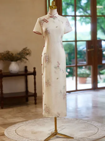 Chinese Style Beige Printing Floor Length Long Cheongsam 2024 Trumpet Mermaid High Neck Short Sleeve