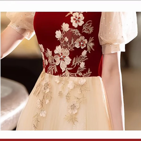 Chinese style Burgundy Beading Sequins Lace Flower Prom Dresses 2023 A-Line / Princess High Neck Short Sleeve Floor-Length / Long Prom Formal Dresses