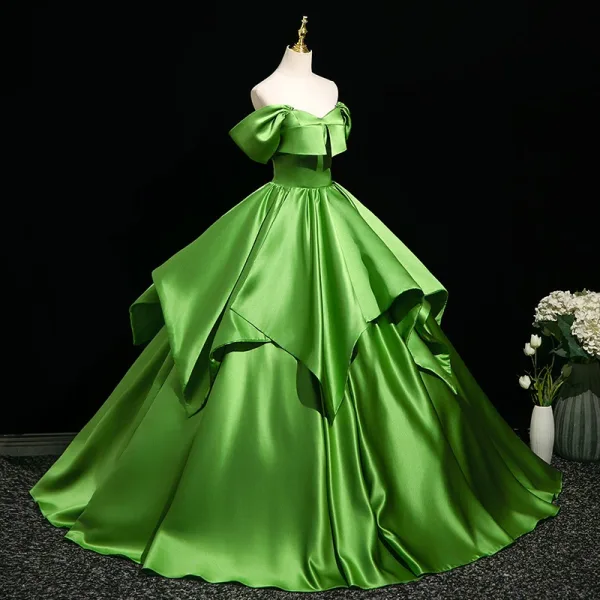 Elegant Green Prom Dresses Ball Gown 2025 Off-The-Shoulder Short Sleeve Backless Floor-Length / Long Formal Dresses