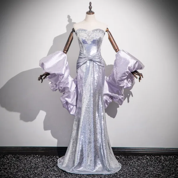 Scintillantes Sexy Lavande Perlage Faux Diamant Paillettes Robe De Soirée 2025 Trompette / Sirène Bustier Sans Manches Dos Nu Longue Soirée Robe De Ceremonie