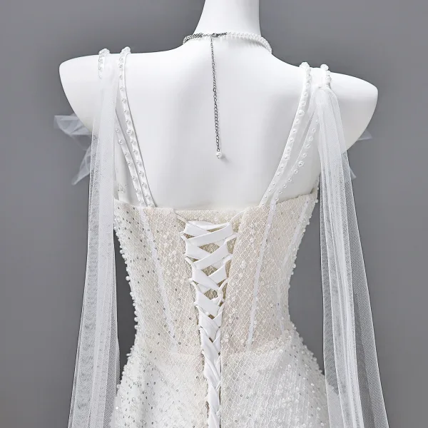 Scintillantes Blanche Perlage Perle Paillettes Robe De Soirée 2026 Trompette / Sirène Bretelles Spaghetti Sans Manches Dos Nu Longue Robe De Ceremonie