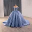 High-end Ocean Blue Handmade  Beading Sequins Prom Dresses 2014 Ball Gown Off-The-Shoulder Sleeveless Backless Royal Train Formal Dresses