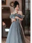 Chic / Belle Gris Volants Robe De Bal 2022 Princesse De l'épaule Manches Courtes Dos Nu Longue Promo Robe De Ceremonie