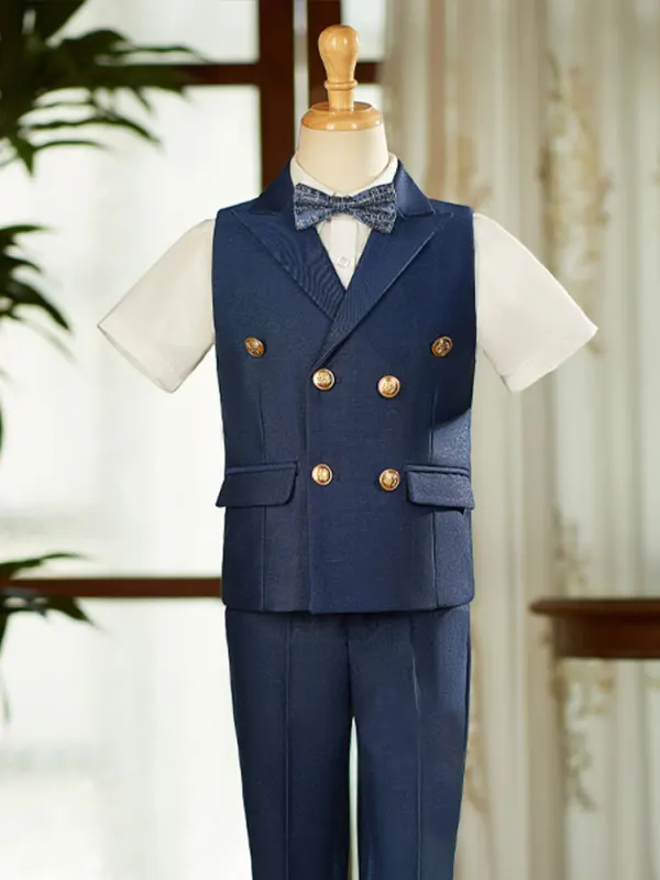 Bleu Marine 4 pièces Manches Courtes Costume Garçon Mariage 2025 Pantalon Chemise Cravate Gilet