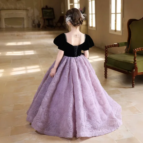 Chic / Beautiful Lavender Bow Ruffle Birthday Flower Girl Dresses 2025 Ball Gown Scoop Neck Short Sleeve Backless Floor-Length / Long
