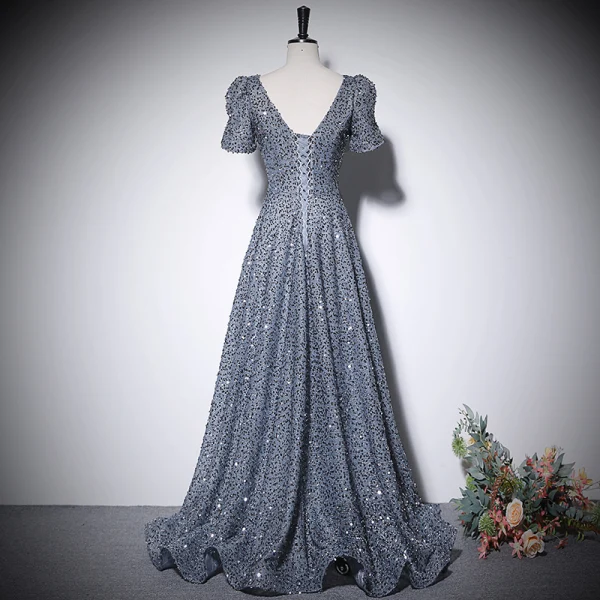 Sparkly Silver Grey Sequins Prom Dresses 2022 A-Line / Princess V-Neck Short Sleeve Backless Floor-Length / Long Prom Formal Dresses