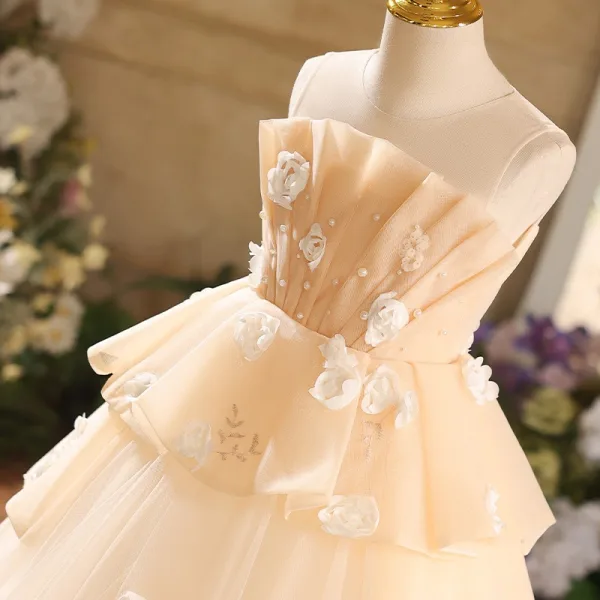 Chic / Beautiful Champagne Appliques Birthday Flower Girl Dresses 2025 Ball Gown Scoop Neck Sleeveless Backless Tea-length Tulle