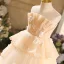 Chic / Beautiful Champagne Appliques Birthday Flower Girl Dresses 2025 Ball Gown Scoop Neck Sleeveless Backless Tea-length Tulle