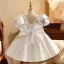 Fancy White Appliques Short Flower Girl Dresses 2026 Ball Gown Birthday Scoop Neck Puffy Short Sleeve Backless Bow