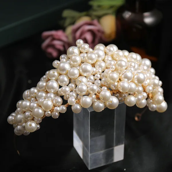 Vintage / Retro Beige Braid Pearl Bridal Hair Accessories 2023 Alloy Wedding Tiara