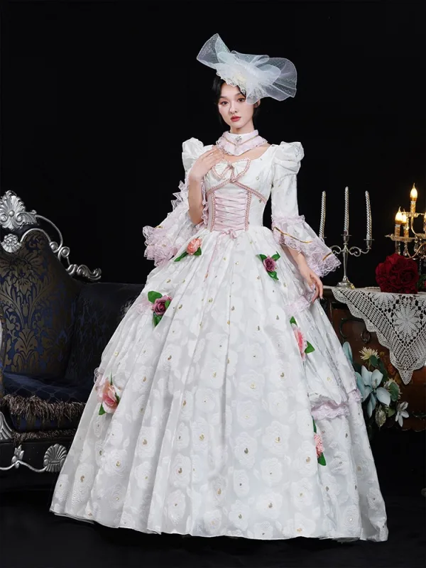 Medieval Vintage / Retro White Lace Flower Appliques Prom Dresses 2025 Ball Gown High Neck Bell sleeves Floor-Length / Long Prom Formal Dresses