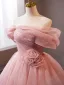 Elegant Blushing Pink Flower Prom Dresses 2024 Ball Gown Off-The-Shoulder Short Sleeve Backless Sweep Train Prom Formal Dresses