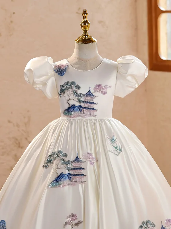 Elegant White Embroidered Birthday Flower Girl Dresses 2026 Ball Gown Scoop Neck Puffy Short Sleeve Backless Floor-Length / Long