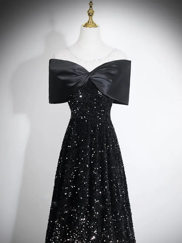 Sparkly Black Gold Sequins Evening Dresses 2026 A-Line / Princess Off-The-Shoulder Short Sleeve Backless