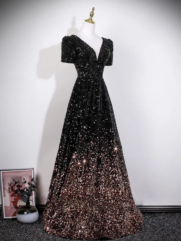 Dazzling Black Gold Sequins Evening Dresses 2026 A-Line / Princess V-Neck Short Sleeve Backless