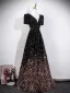 Dazzling Black Gold Sequins Evening Dresses 2026 A-Line / Princess V-Neck Short Sleeve Backless
