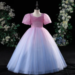 Charmant Dégradé De Couleur Rougissant Rose Anniversaire Robe Ceremonie Fille 2022 Robe Boule Encolure Carrée Perlage Paillettes Gonflée Manches Courtes Longue Robe Ceremonie Fille