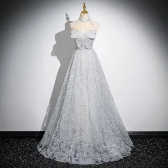 Fashion Grey Beading Sequins Prom Dresses 2024 A Line Princess High Neck Butterfly Sleeveless Backless Floor Length Long Prom Formal Dresses