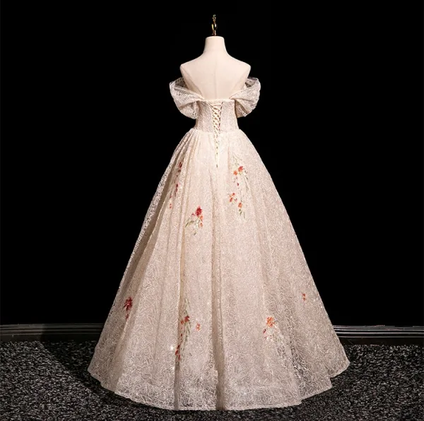 Chic / Belle Champagne Paillettes En Dentelle Fleur Robe De Bal 2025 Princesse De l'épaule Manches Courtes Dos Nu Longue Tulle Robe De Ceremonie