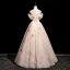 Chic / Belle Champagne Paillettes En Dentelle Fleur Robe De Bal 2025 Princesse De l'épaule Manches Courtes Dos Nu Longue Tulle Robe De Ceremonie