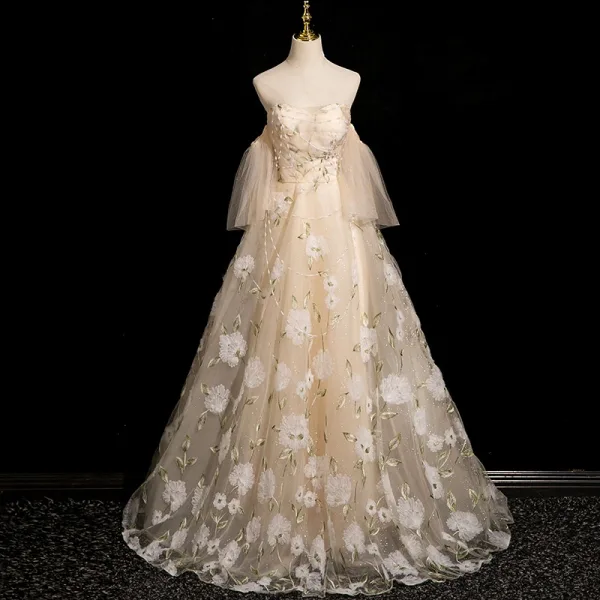 Chic / Beautiful Champagne Lace Flower Prom Dresses 2024 A-Line / Princess Strapless Sleeveless Backless Floor-Length / Long Prom Formal Dresses
