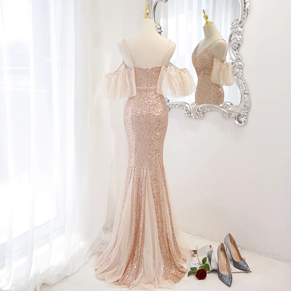 Scintillantes Sexy Champagne Paillettes Robe De Soirée 2022 Trompette / Sirène Bretelles Spaghetti Gonflée Manches Courtes Dos Nu Longue Soirée Robe De Ceremonie