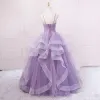 Charming Lavender Cascading Ruffles Prom Dresses 2023 Ball Gown Spaghetti Straps Sleeveless Backless Floor-Length / Long Prom Formal Dresses