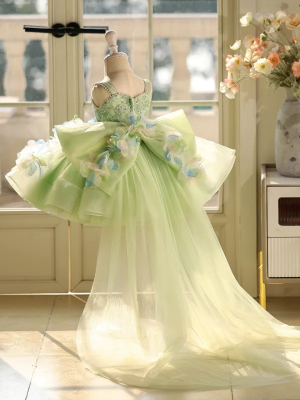 Chic / Beautiful Sage Green Pearl Sequins Appliques Short Birthday Flower Girl Dresses 2026 Ball Gown Spaghetti Straps Sleeveless Backless Tulle