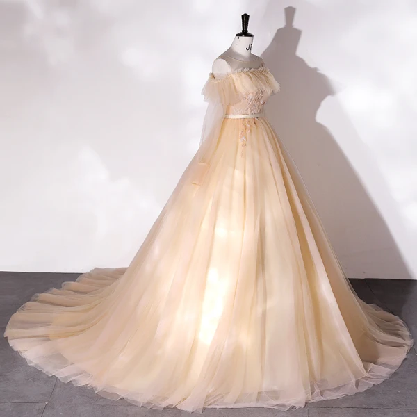 Chic / Beautiful Champagne Beading Lace Flower Prom Dresses 2022 A-Line / Princess Scoop Neck Long Sleeve Backless Sash Floor-Length / Long Prom Formal Dresses