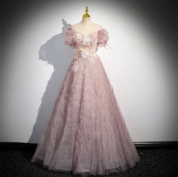 Chic / Belle Rougissant Rose Glitter Appliques Volants Robe De Bal 2024 Princesse Encolure Carrée Manches Courtes Dos Nu Longue Promo Robe De Ceremonie